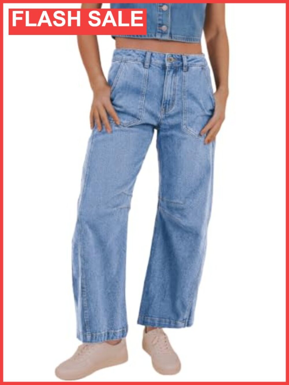 Sidefeel High Waist Barrel Wide Leg Stretchy Jeans with Pockets